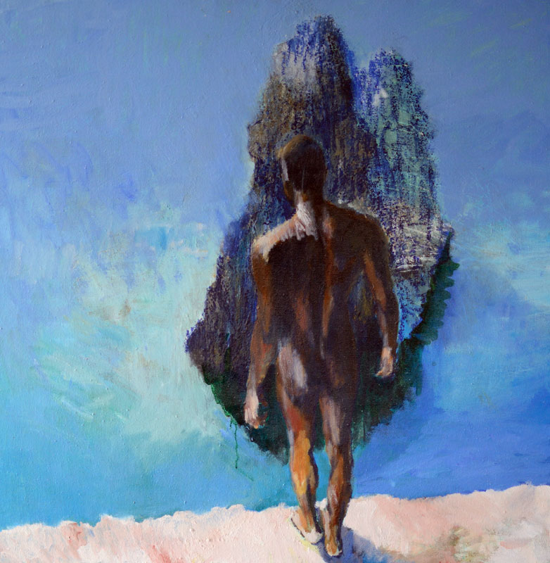 Painting of naked black man standing on cliff